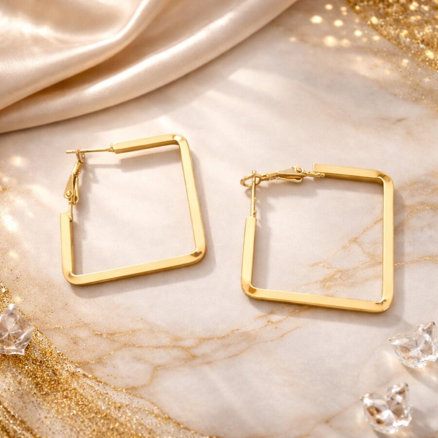 Gold Renk Kare Küpe 60