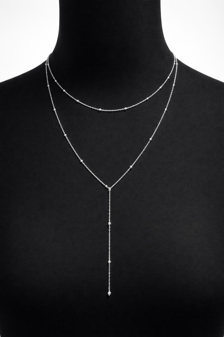 İkili Gümüş Renk Boncuk Detaylı Çelik Kolye 101