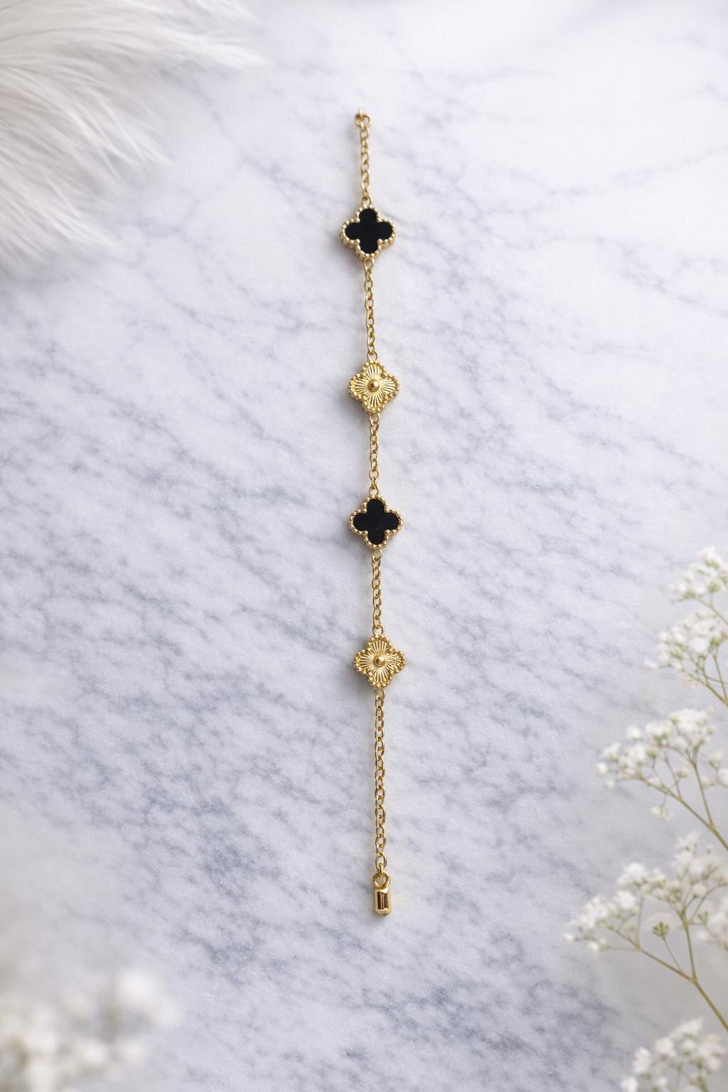 Gold Siyah Renk Çift Kullanım Yonca Bileklik 13