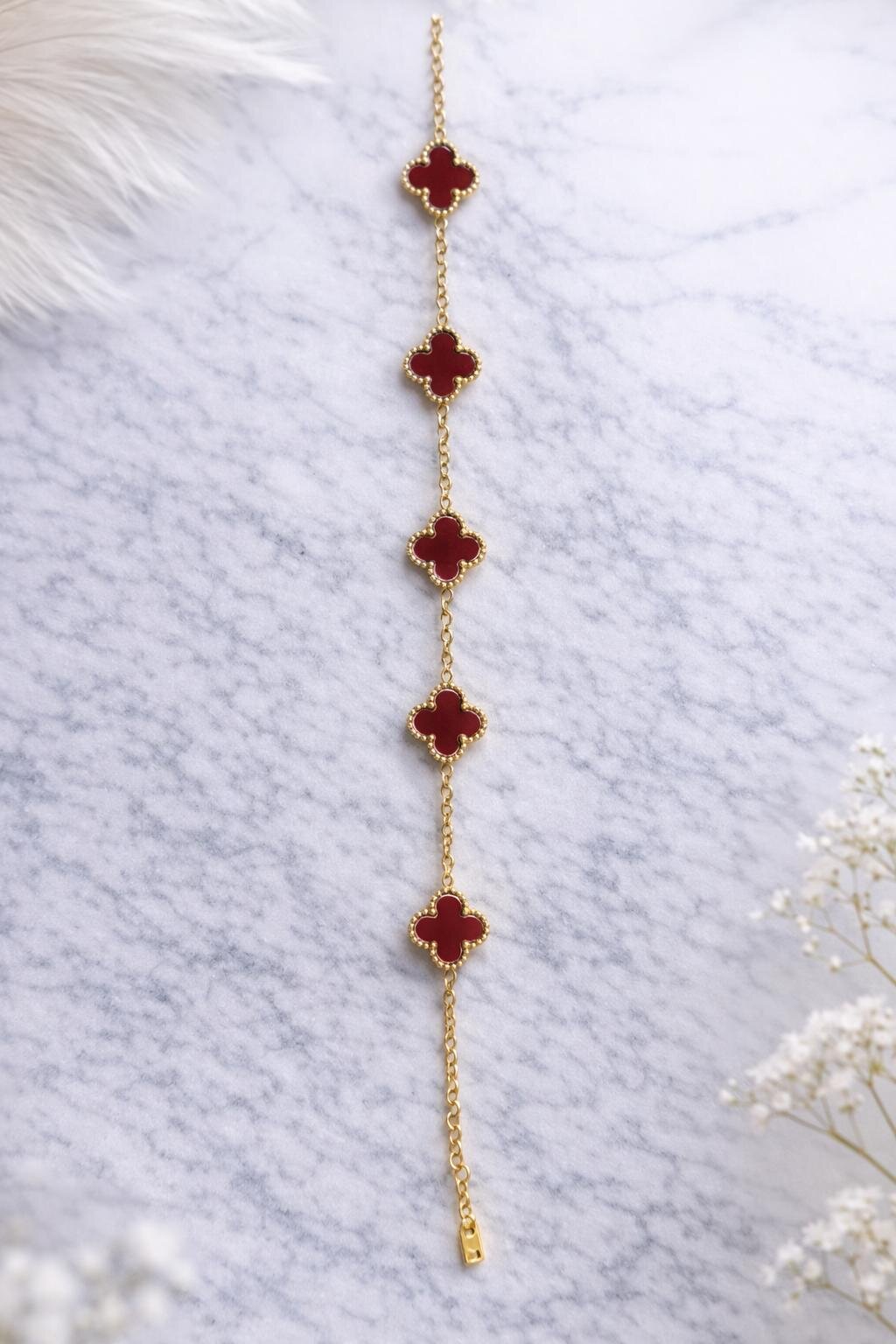 Bordo Yonca Detaylı Çelik Bileklik 18