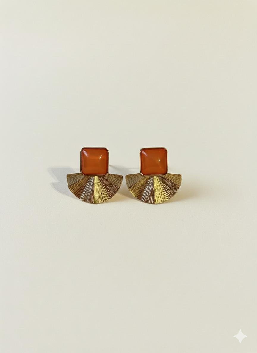 Turuncu Taşlı Gold Renk Küpe 34