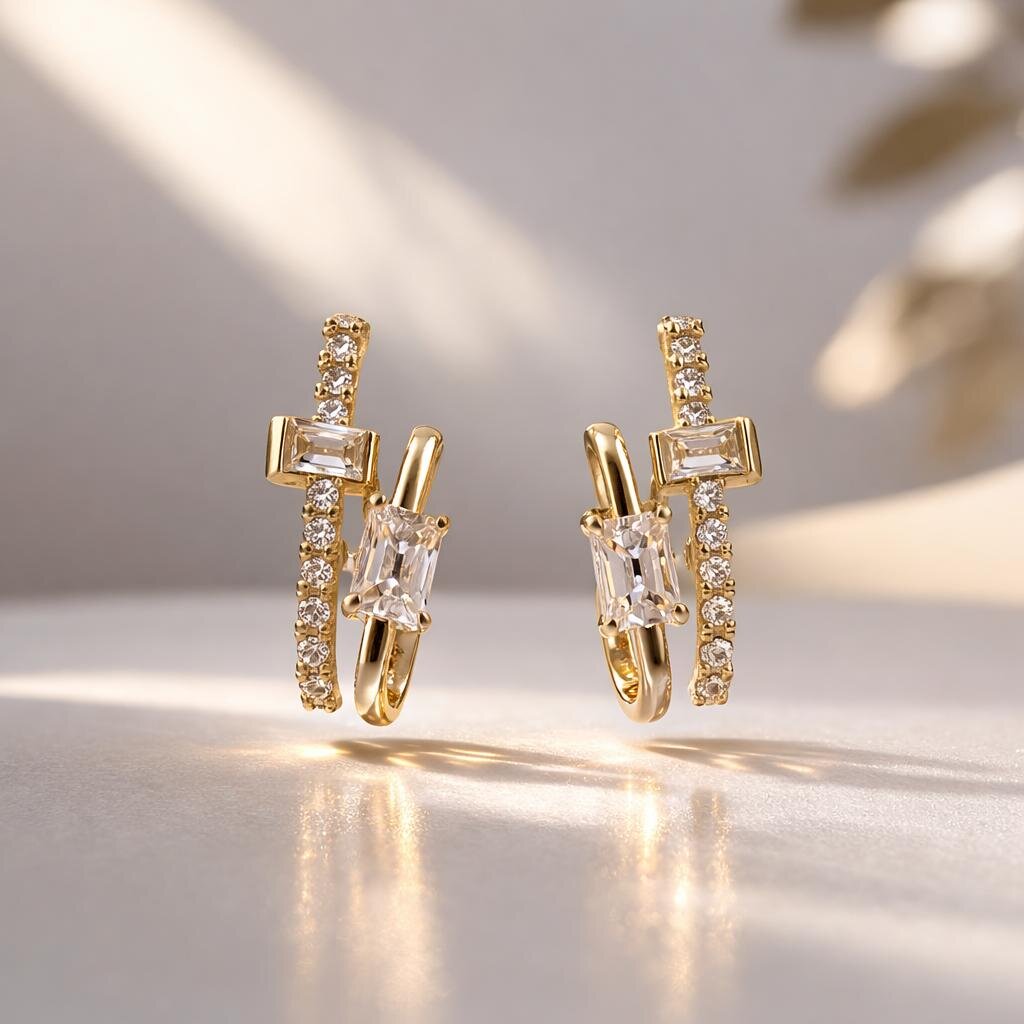 Gold Renk Tek Delikte İkili Görünüm Küpe 49